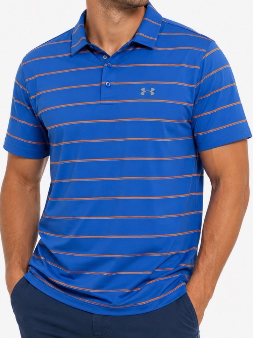 Under Armour Polo Golf Shirt Mens Size X-Large Blue Orange Striped Heat Gear Loo